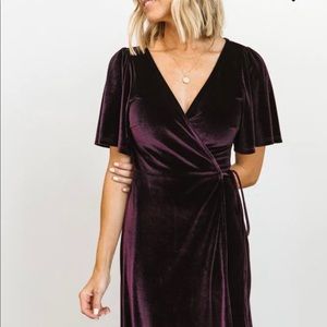 Floor length eggplant purple wrap dress